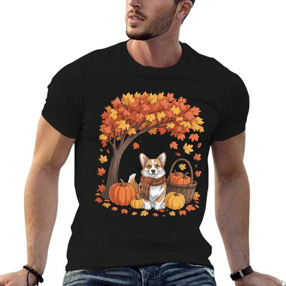 Corgi Dog Fall Scarf Pumpkin Autumn Leaves Thanksgiving  Fade-proof Color T-Shirt