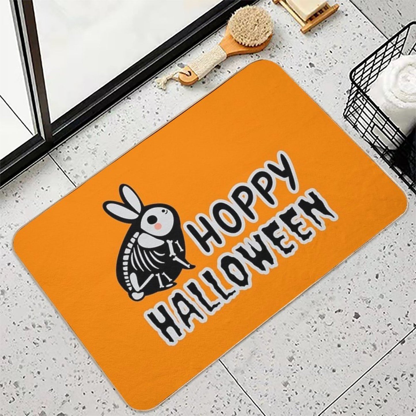 Hoppy Halloween, Cute Skeleton Rabbit Halloween Pun  Toxin-Free Bath Mat