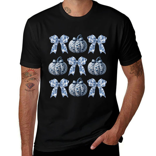 Blue And White Pumpkins Chinoiserie With Bow Fall Halloween  Affordable Price T-Shirt