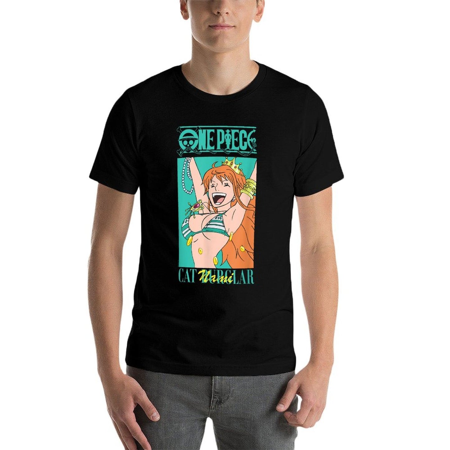 One Piece Anime Cat Burglar Nami Teal Logo  Oversized Silhouette T-Shirt