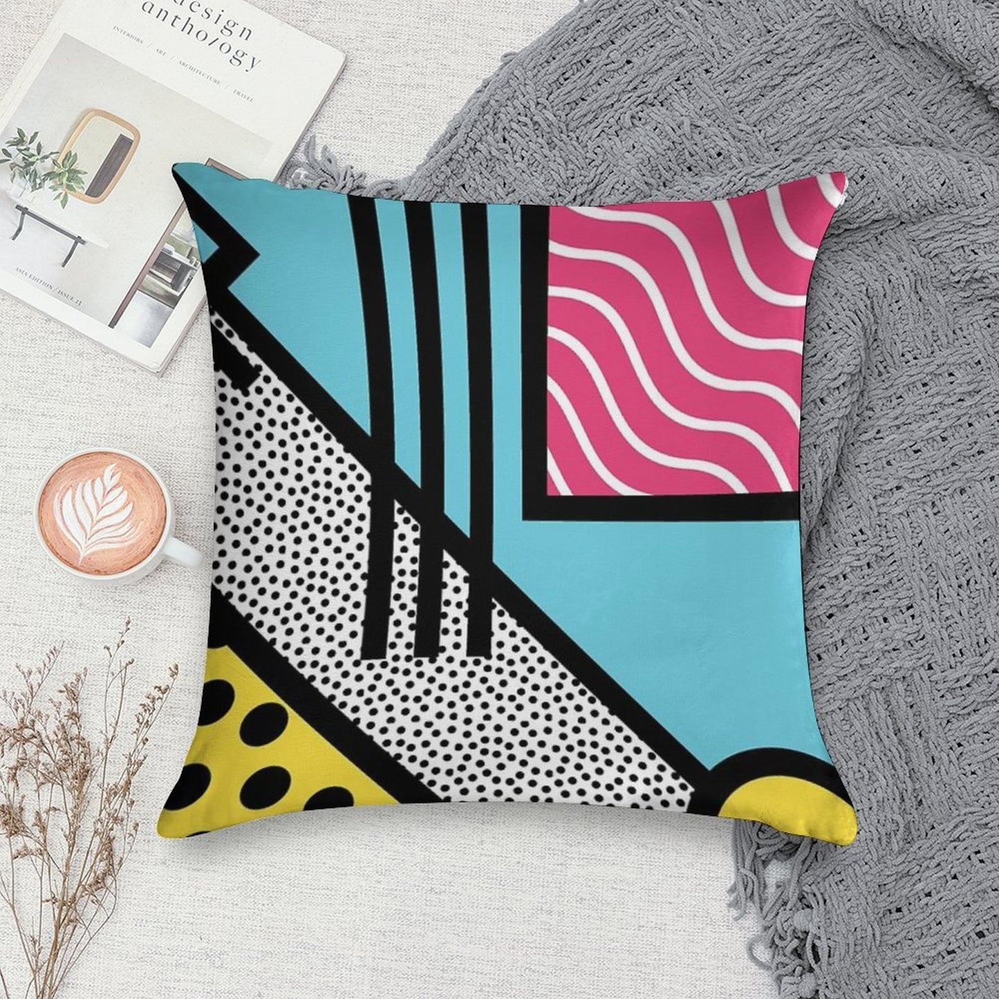 Abstract 80s Memphis Pop Art Style Graphics Soft Reinforced Edging Throw Pillow