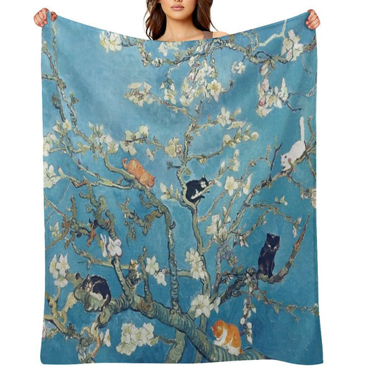 Funny Cat in Almond Blossom by Van Gogh Velvety-soft Throw Blanket