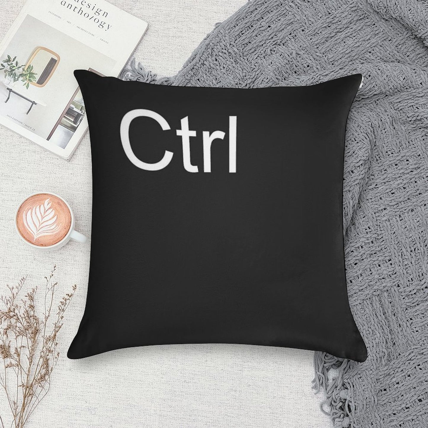 Ctrl Pillow in Black Soft Short Plush Fabric Throw Pillow