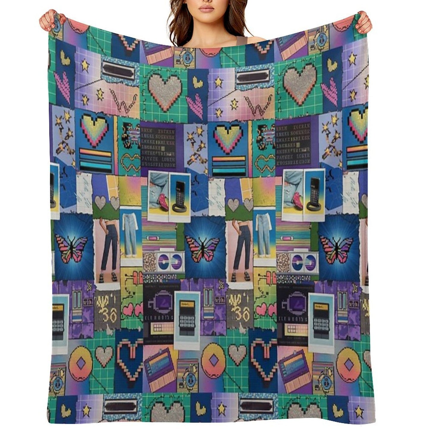 Y2K Aesthetic - Vintage Y2K Mosaic Collage with Scrapbook-Style Tiles Velvety-soft Throw Blanket