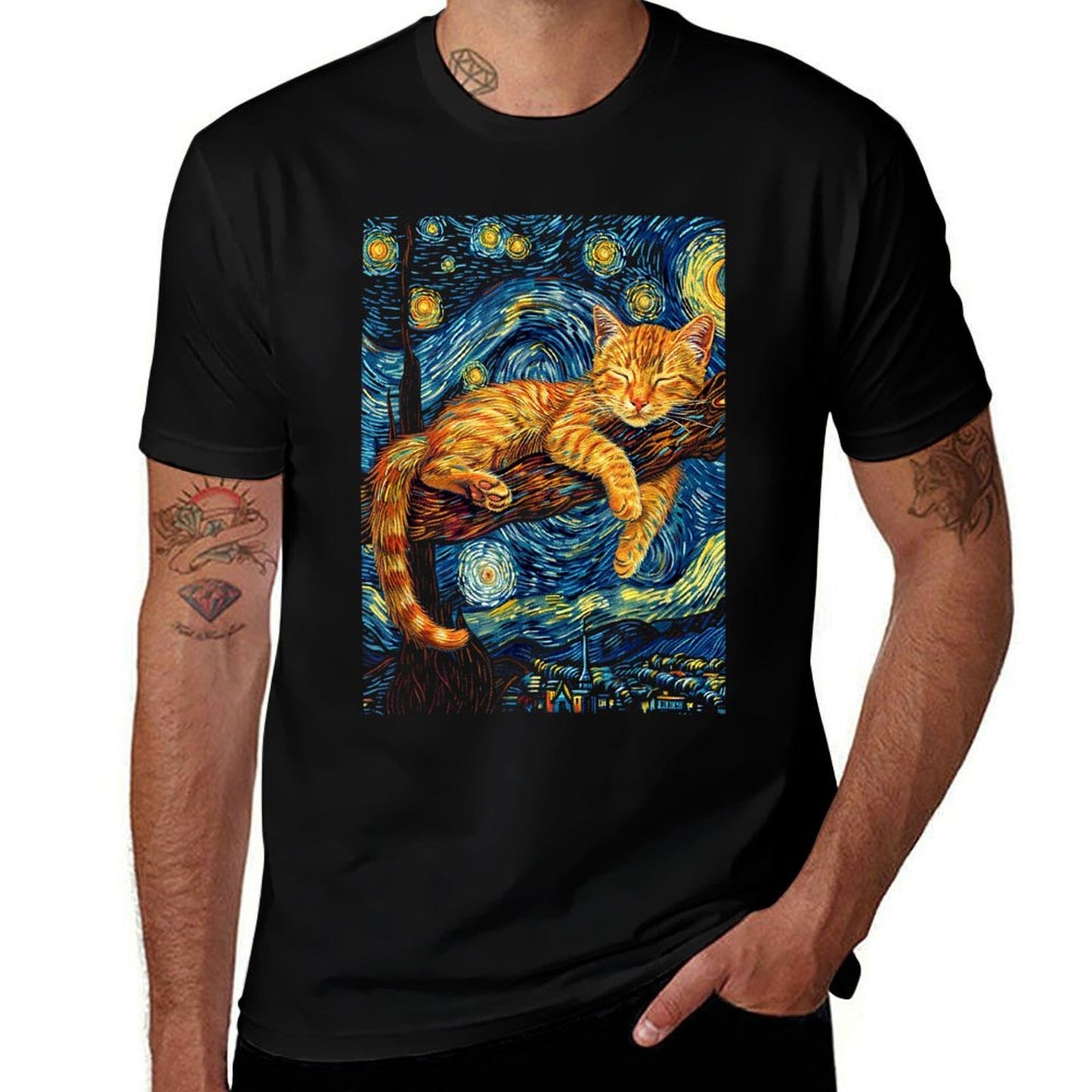 Cat Starry Night Van Gogh Cat For Cat Lover Cat Mom Cat Dad  High-quality Stitching T-Shirt
