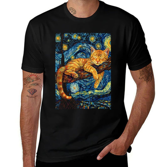 Cat Starry Night Van Gogh Cat For Cat Lover Cat Mom Cat Dad  High-quality Stitching T-Shirt