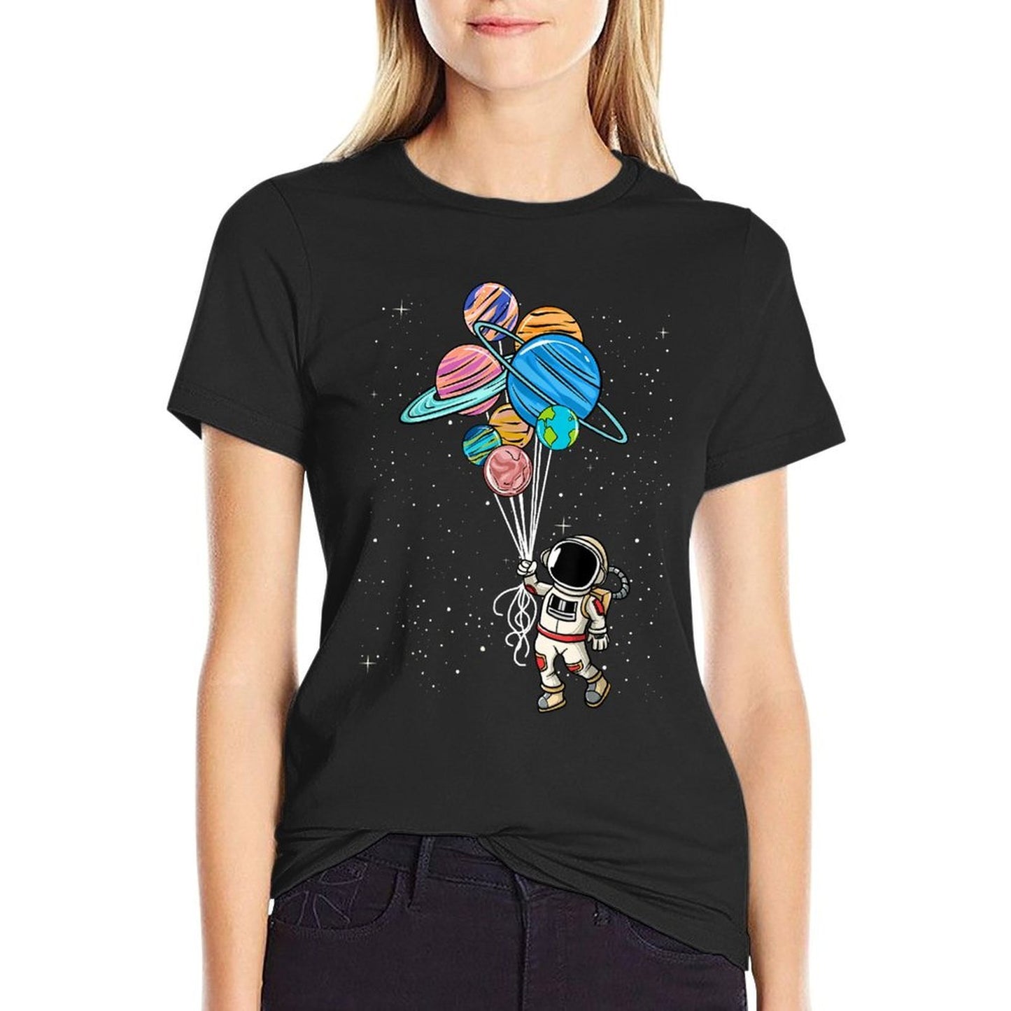 Astronaut Holding Planet Balloons Tshirt BoysGirls STEM Kids  Moisture-wicking T-Shirt