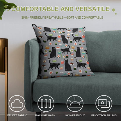 Black Cat Sushi Animal Gifts Soft Easy Maintenance Throw Pillow