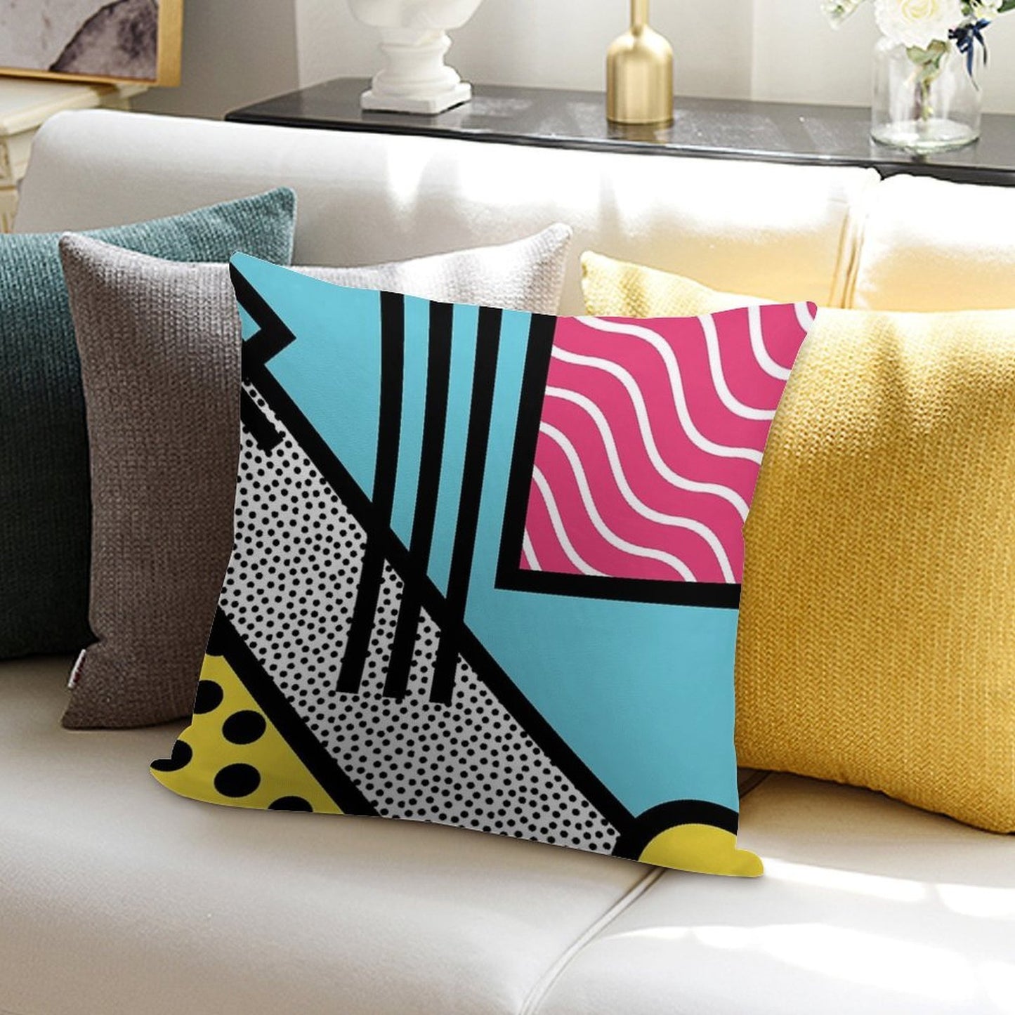 Abstract 80s Memphis Pop Art Style Graphics Soft Reinforced Edging Throw Pillow