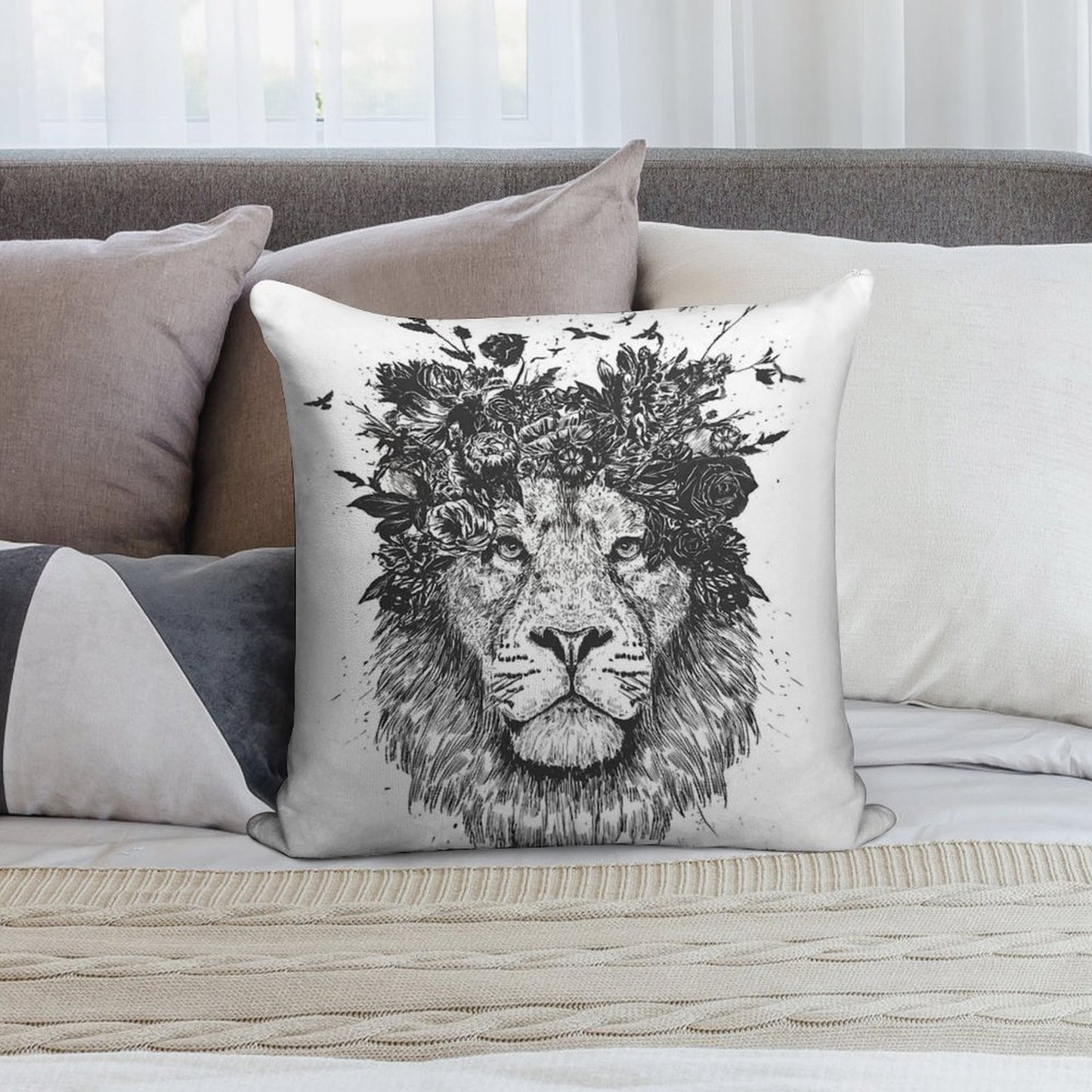 Floral Lion (bw) Soft Bedroom Essential Throw Pillow