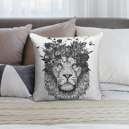Floral Lion (bw) Soft Bedroom Essential Throw Pillow