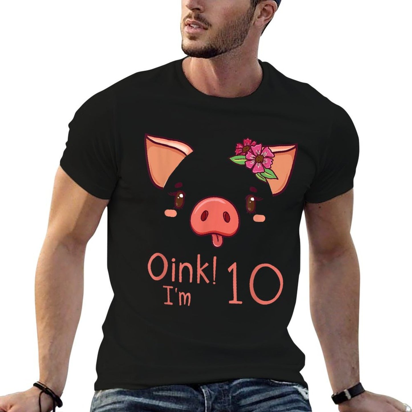 10th Birthday Pig Outfit Pig Face Gift 10 Year Old Girl Boy  Fade-proof Color T-Shirt