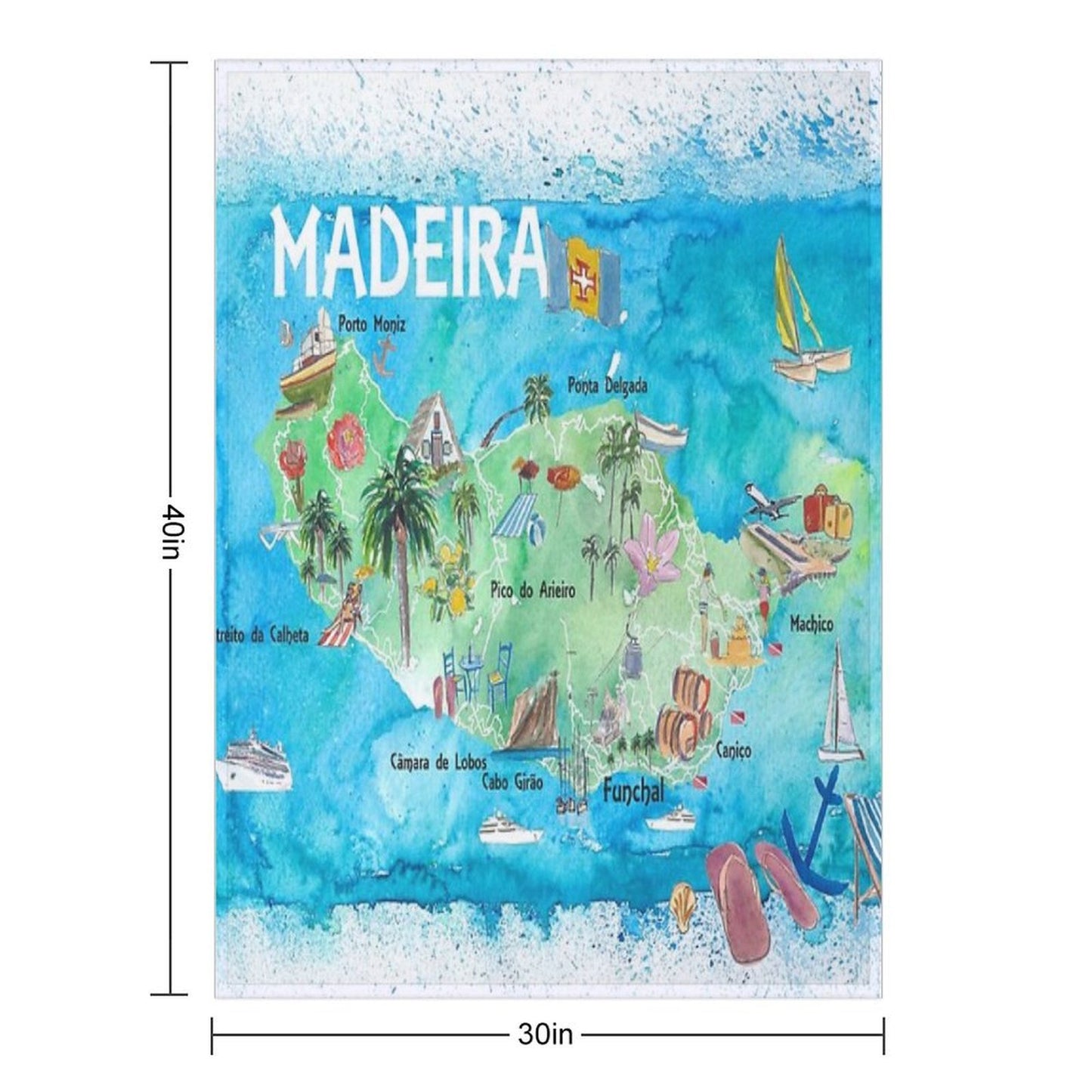 Madeira Portugal Island Illustrated Map with Landmarks And Highlights Anti-pilling Throw Blanket