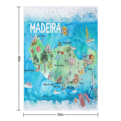 Madeira Portugal Island Illustrated Map with Landmarks And Highlights Anti-pilling Throw Blanket