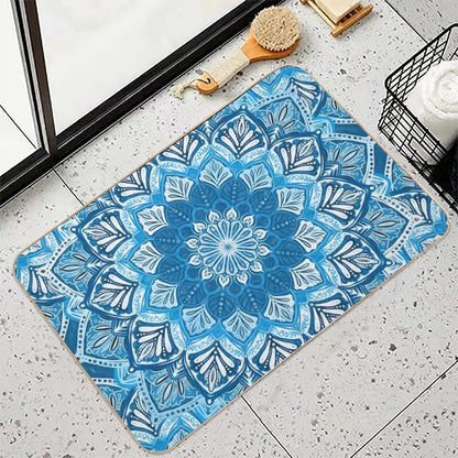 Boho Mandala in Monochrome Blue And White  Non-Slip Bath Mat