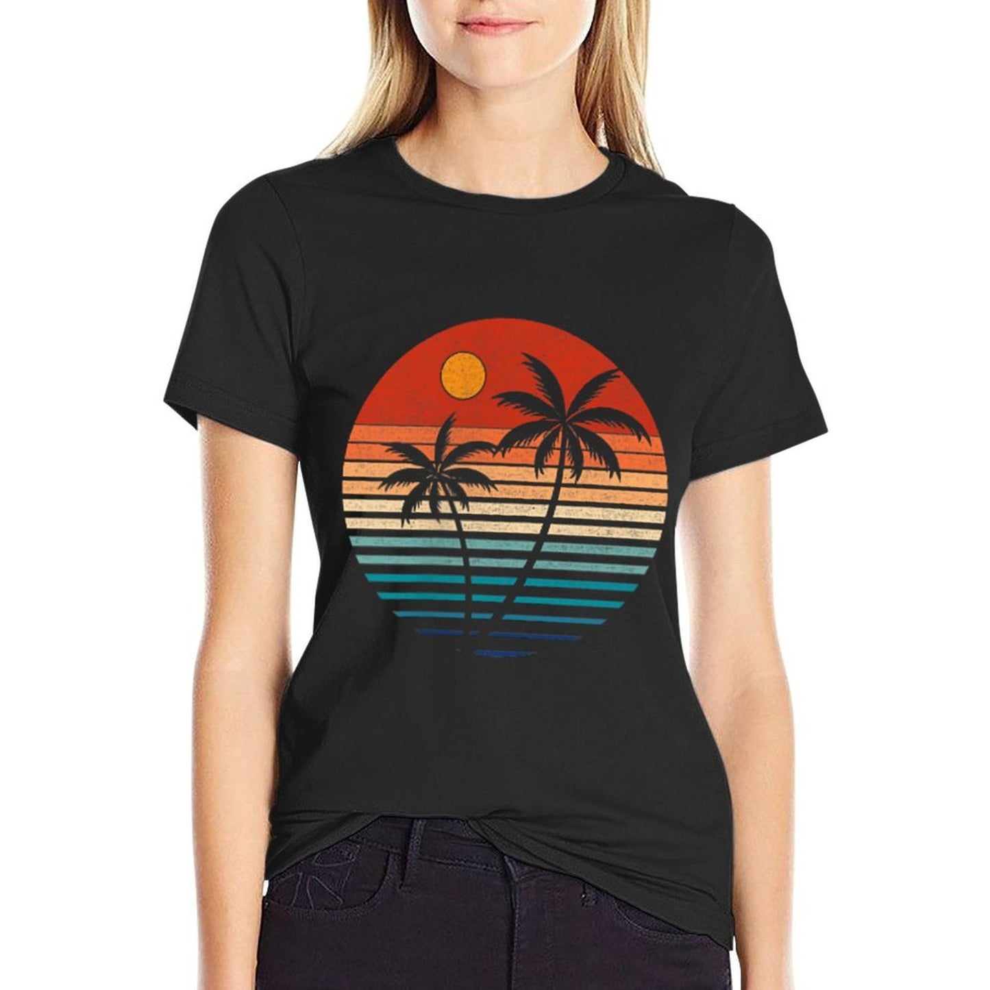 Summer Vacation Men Women Retro Sunset Beach Palms Tree  Heathered Texture T-Shirt