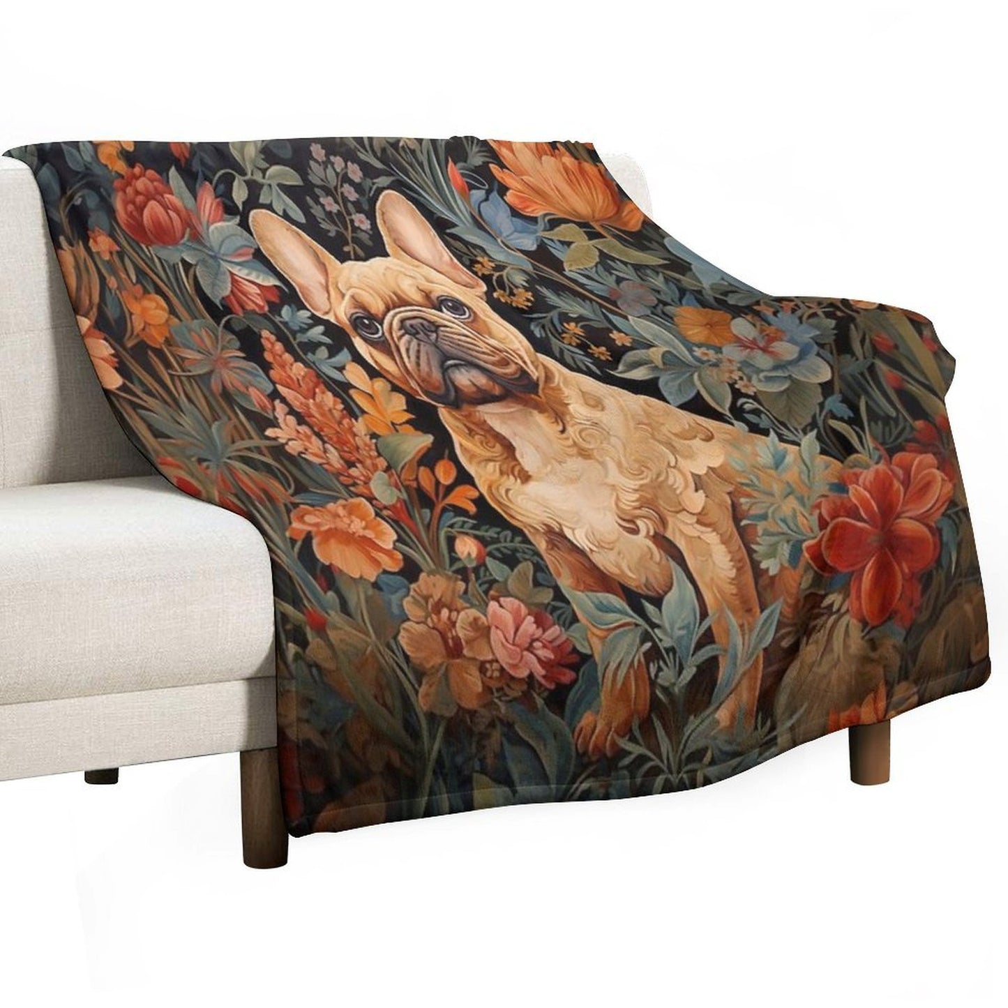 French Bulldog in A William Morris Style Garden Premium Throw Blanket