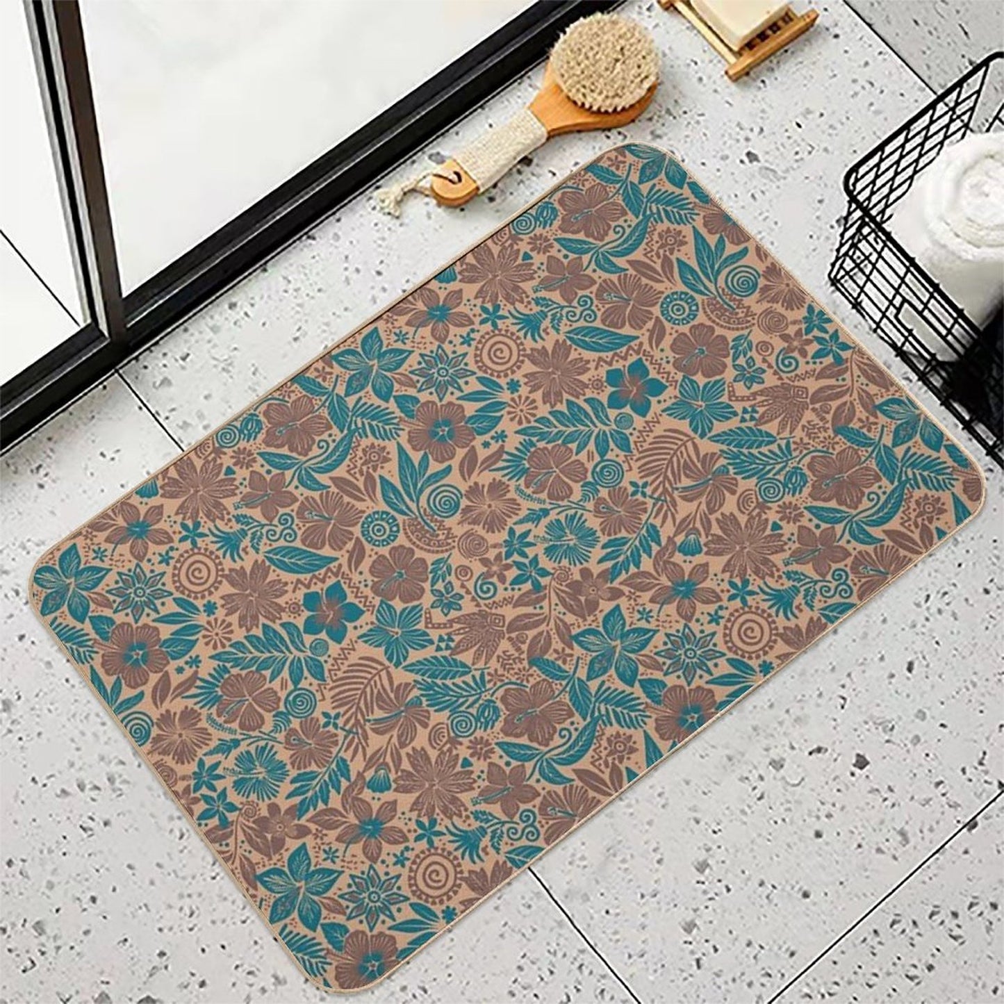 Beige And Teal Tropical Floral Tribal Print  Eco-Friendly Bath Mat