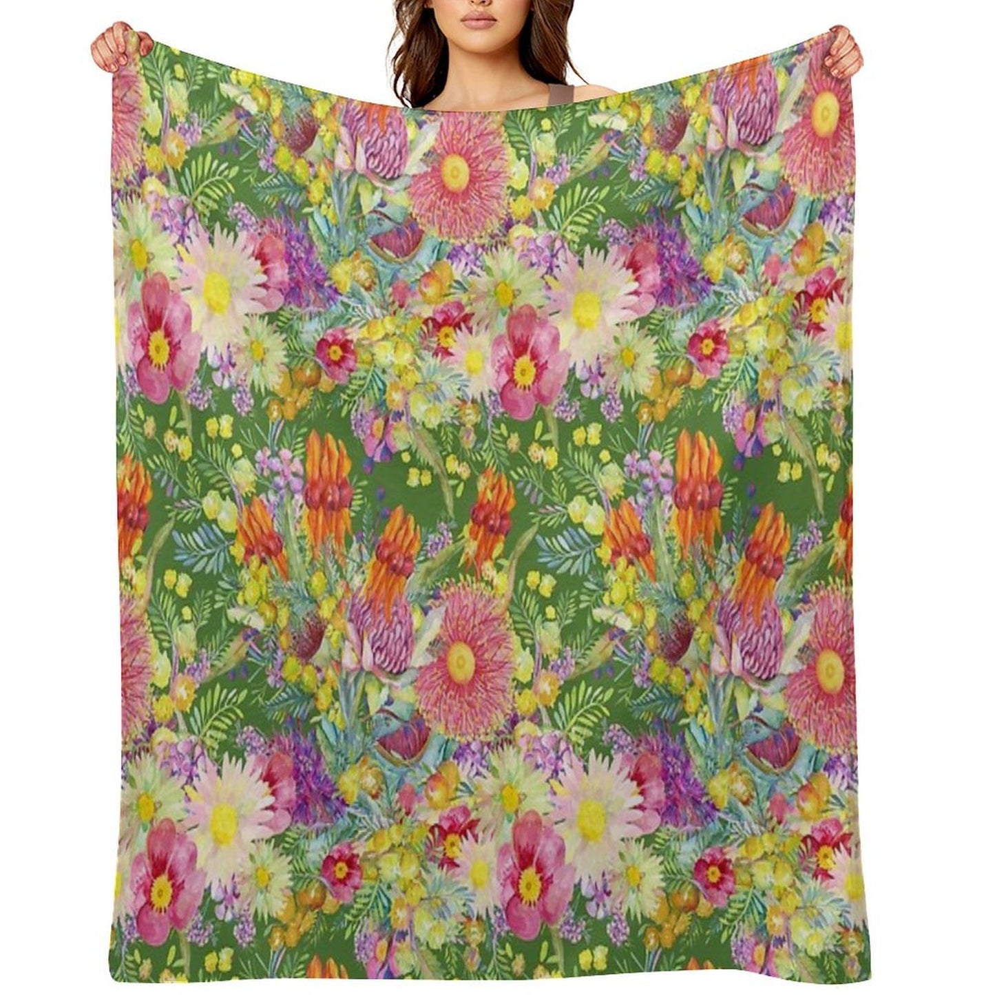Australian Wildflowers Summer Green Machine-washable Throw Blanket