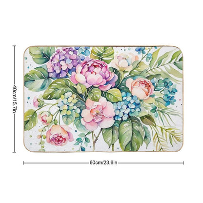 Beautiful Flower And Plant in Loose Watercolor Painting - Monstera Leaves- Blue Purple Peach Hydrangea, Hortensia, Peony And Ros  Pet-Safe Bath Mat