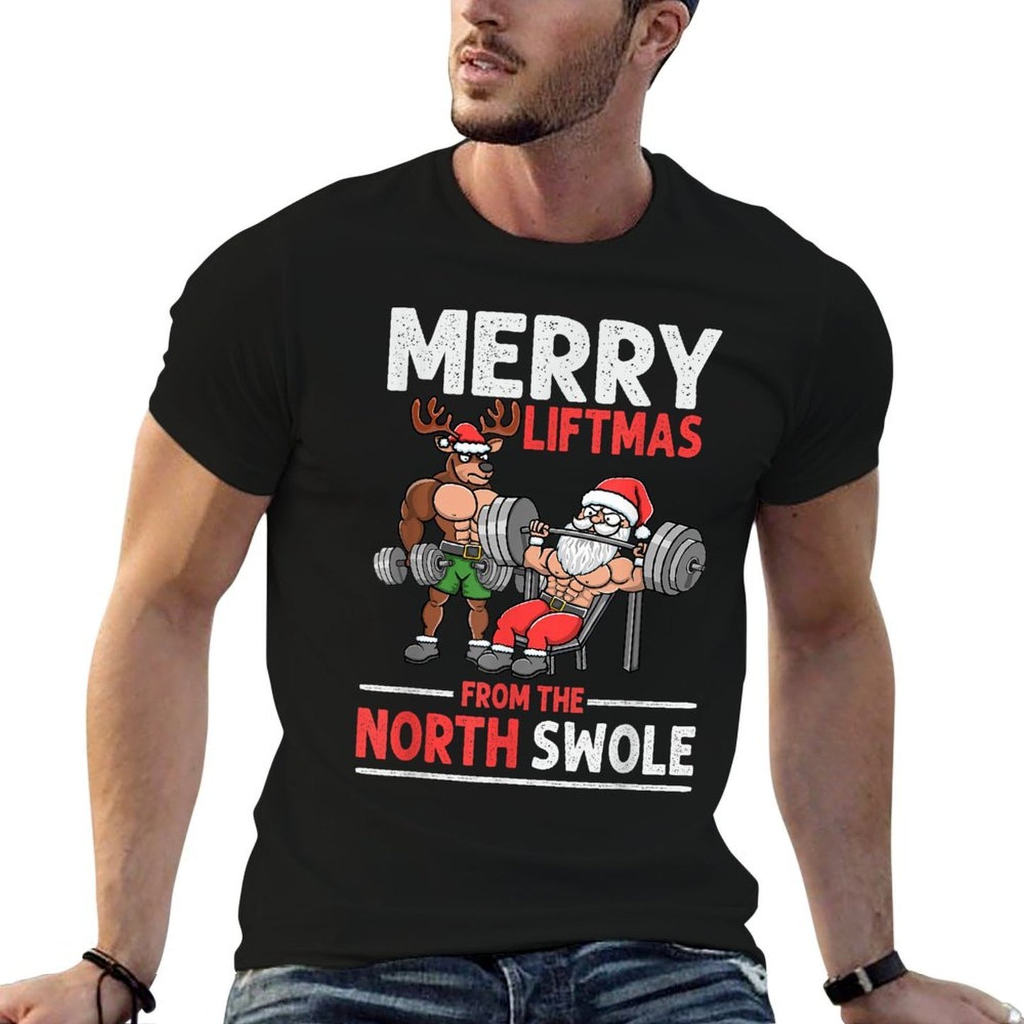 Merry Liftmas from North Swole Muscle Santa Weightlifting  Heathered Texture T-Shirt