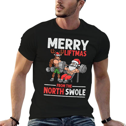 Merry Liftmas from North Swole Muscle Santa Weightlifting  Heathered Texture T-Shirt