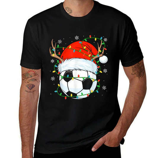 Santa Soccer Ball Xmas Lights Christmas Soccer Player  High-quality Stitching T-Shirt