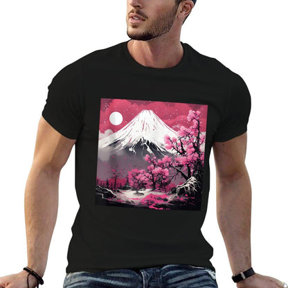 Sakura Reverie Japanese Petals Unfold in Twilight Peaks  Ribbed Collar T-Shirt