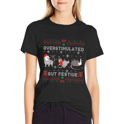 Overstimulated But Festive Opossum Ugly Sweater Christmas  Rolled Sleeves T-Shirt