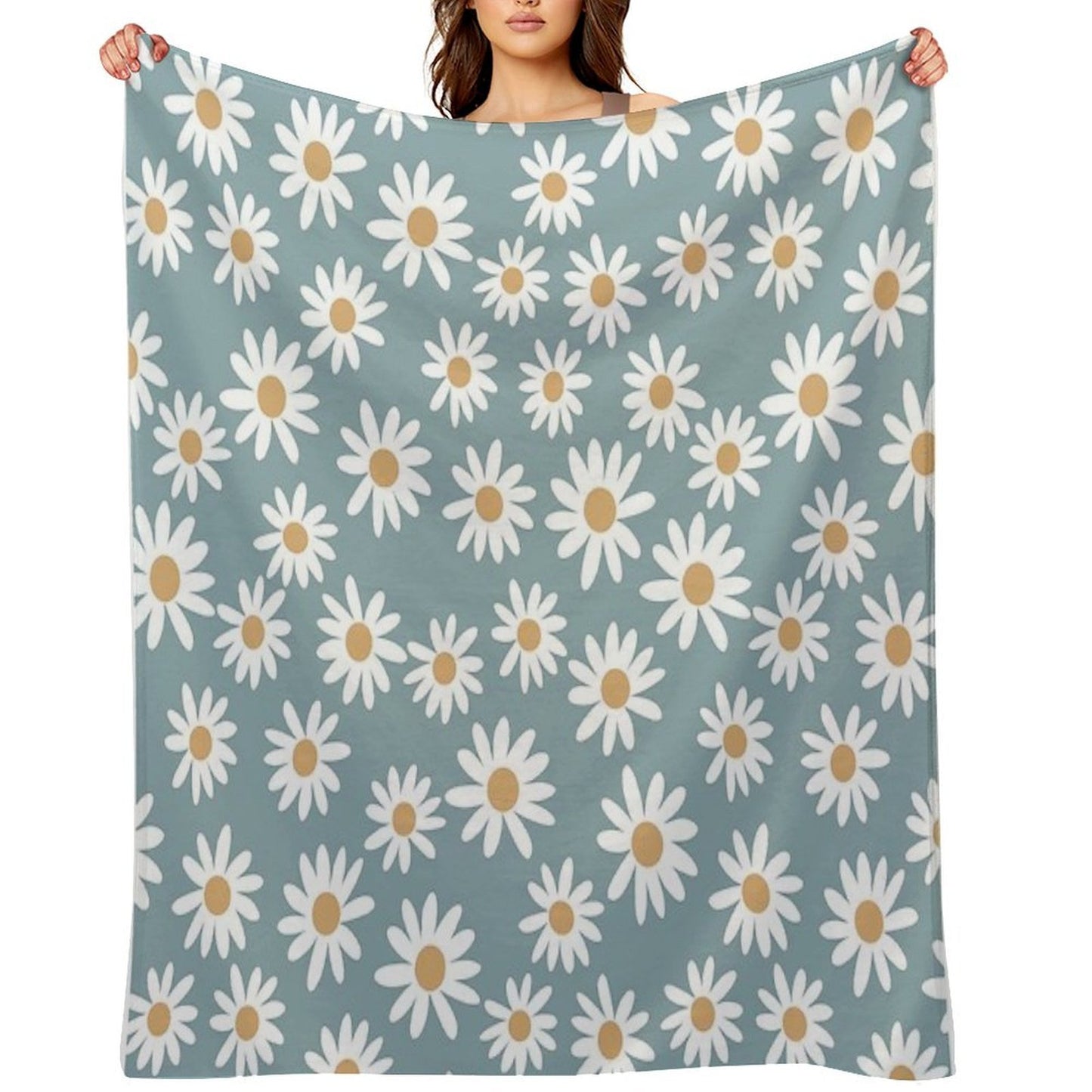 Blue Daisies - Daisy Pattern, Floral, Florals, Flower, Retro, Vintage, 70s, Camel, Brown, Rust, Earthy, Terracotta Eco-conscious Throw Blanket