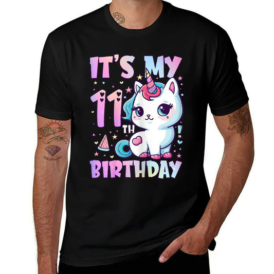 11th Birthday Girls 11 Year Old Cat Unicorn Birthday  Rolled Sleeves T-Shirt