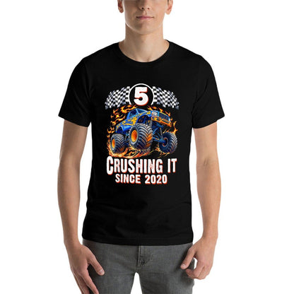 Birthday Monster Truck 5 Year Old Boys 5th Party Born 2020  Wrinkle-resistant T-Shirt