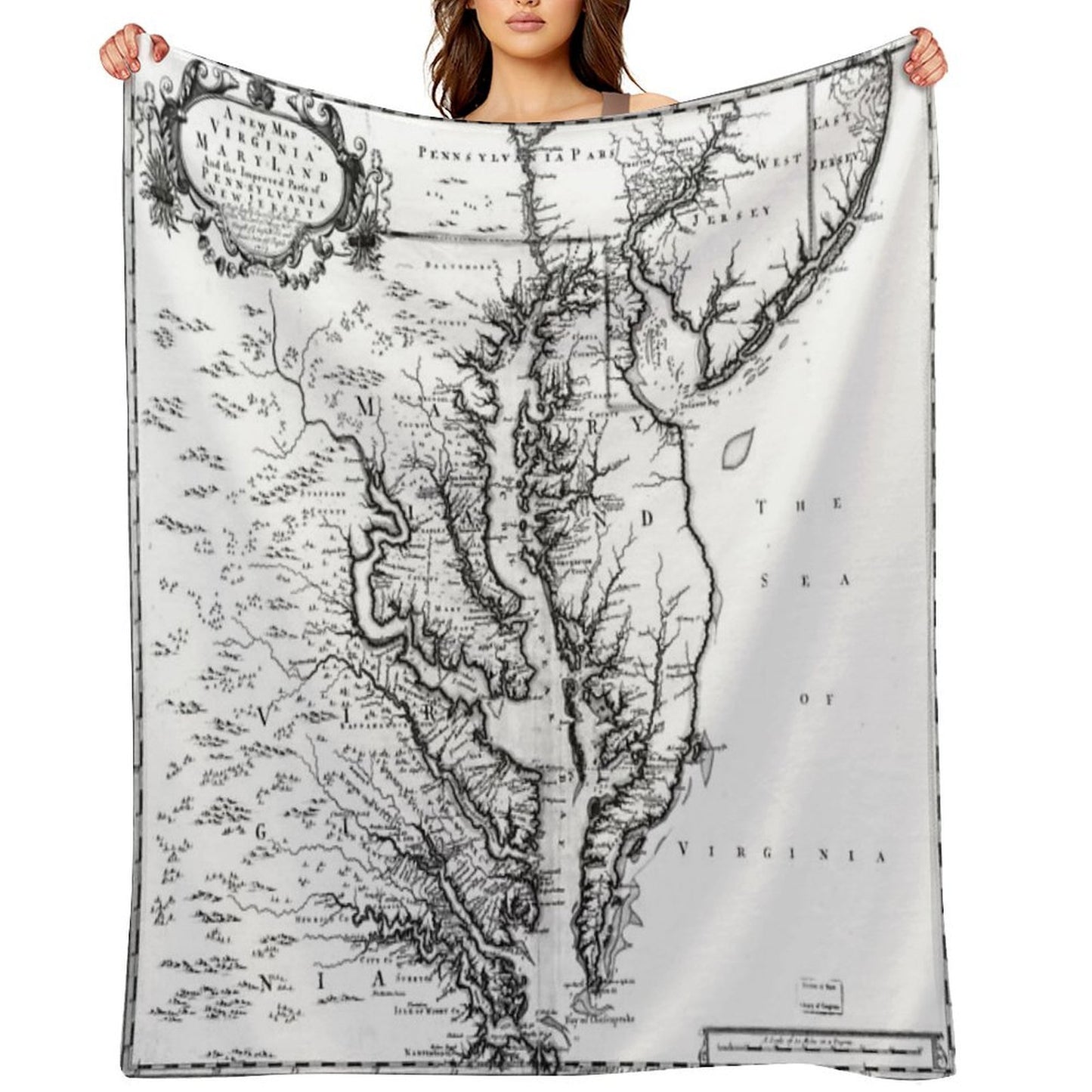 Vintage Map of The Chesapeake Bay (1719) BW Wrinkle-free Throw Blanket