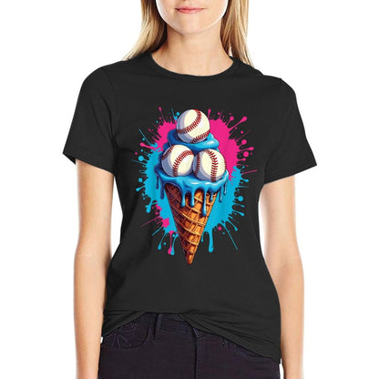 Baseball Ice Cream Funny Ice Cream Baseball Drip Watercolor  Rolled Sleeves T-Shirt