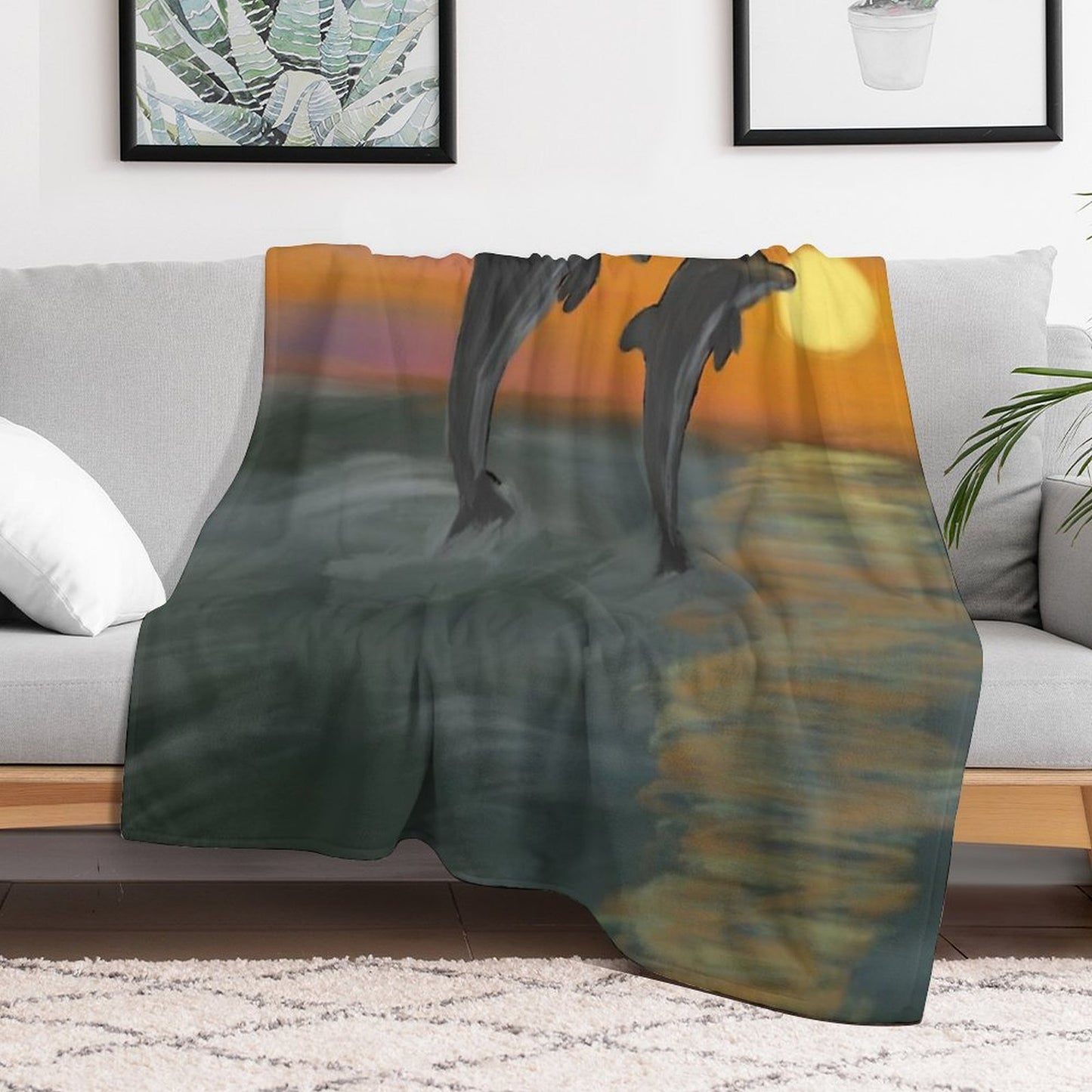 Dolphins at Sunset Easy Care Throw Blanket