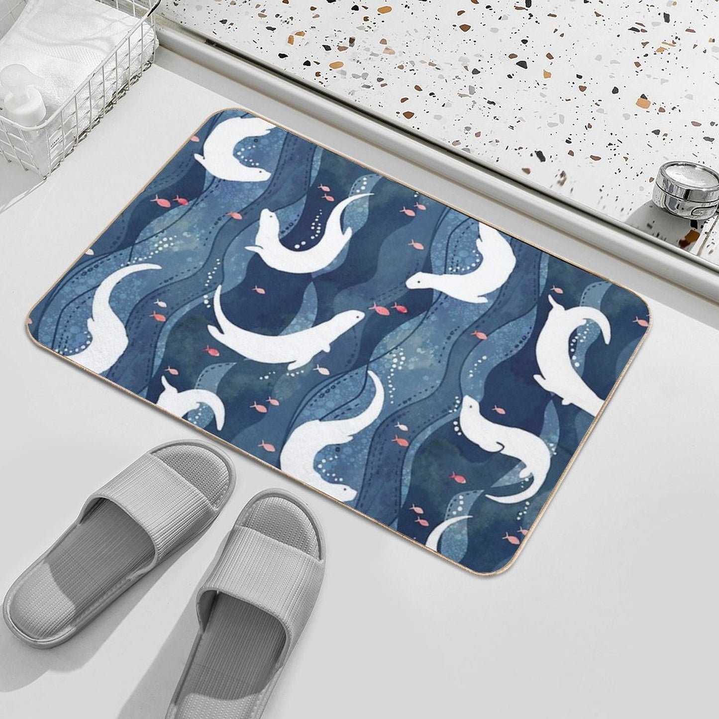 Swimming Otters on Navy Blue  Versatile Bath Mat
