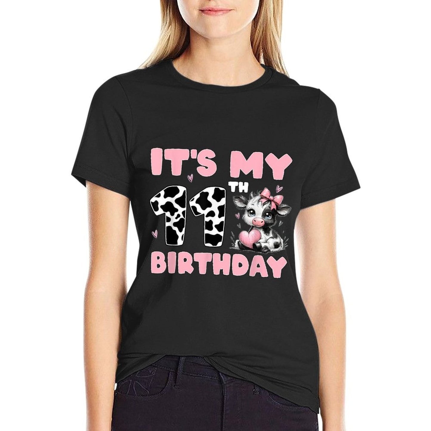 It's My 11th Birthday Cow Coquette Pink Bow 11 Year Old Girl  Fade-proof Color T-Shirt