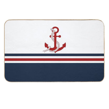 Nautical Navy Blue And White Stripes with A Red Anchor  Fade-Resistant Bath Mat