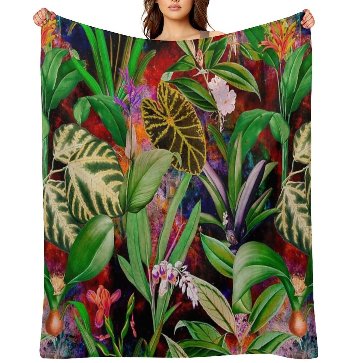 Exotic Tropical Foliage, Leaves And Flowers Tropical Pattern, Botanical Illustration, Red Blue Floral Illustration Versatility Throw Blanket