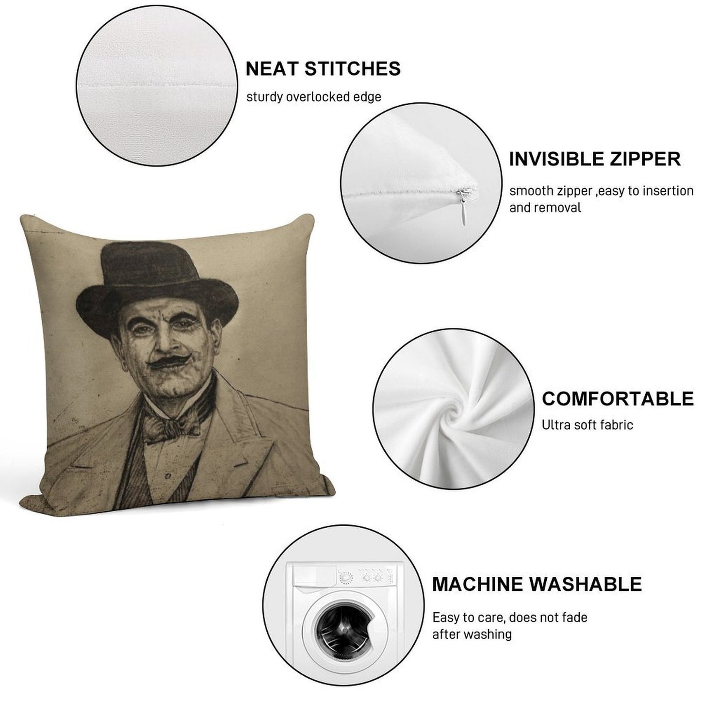 Hercule Poirot (David Suchet) Soft Decorative Cover Throw Pillow