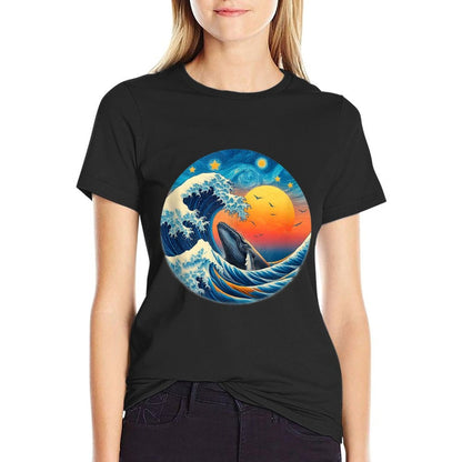 Sunset Whale Wave - Ocean, Starry Night, Sky, Van Gogh Style  Heathered Texture T-Shirt