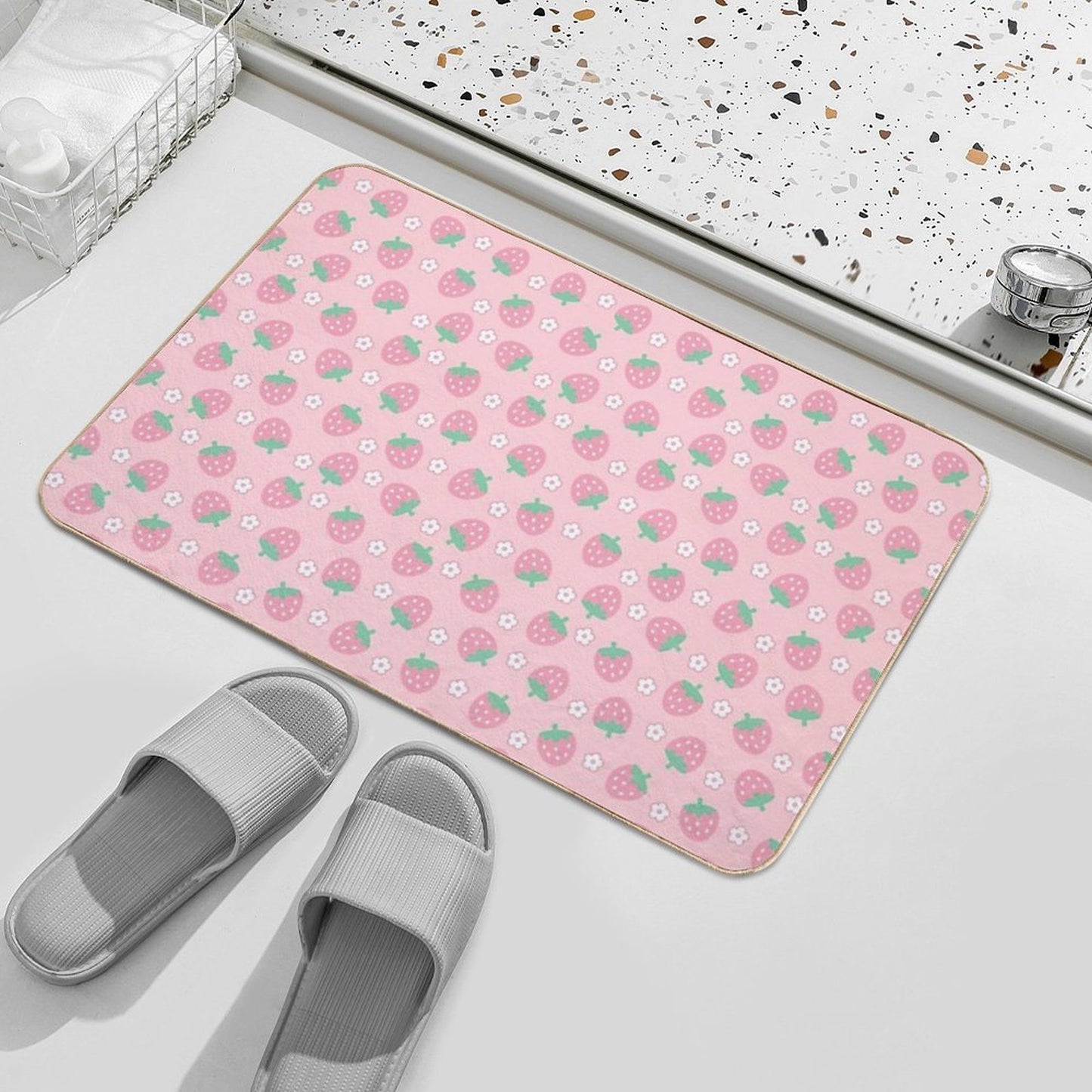 Strawberries Pink White Flowers Sakura Kawaii Cute Pastel Aesthetic  Pet-Safe Bath Mat