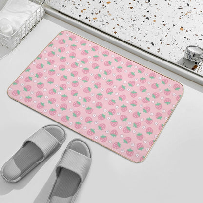 Strawberries Pink White Flowers Sakura Kawaii Cute Pastel Aesthetic  Pet-Safe Bath Mat