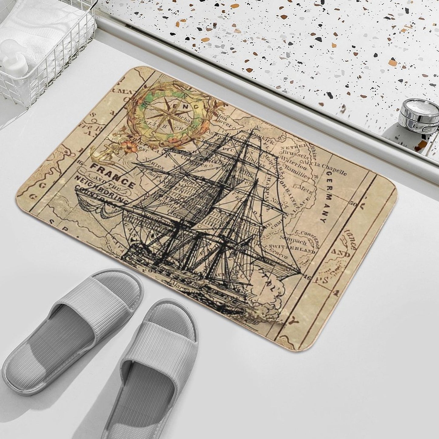Dark Academia Vintage Pirate Ship Sailor Antique World Map  Stain-Proof Bath Mat