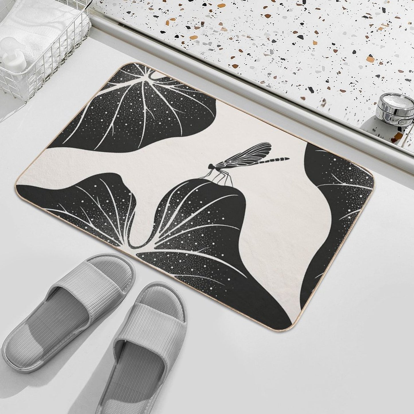 Dragonfly on Leaf with Water Drops, Minimalist Illustration  Easy Maintenance Bath Mat