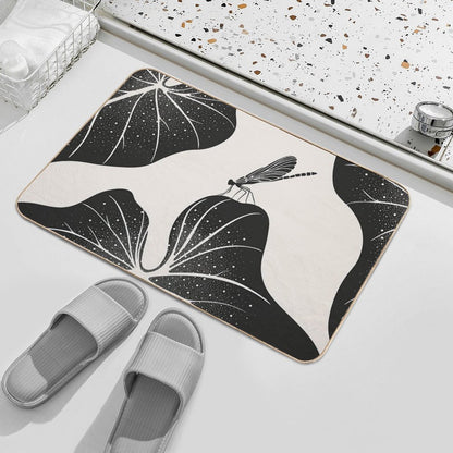 Dragonfly on Leaf with Water Drops, Minimalist Illustration  Easy Maintenance Bath Mat
