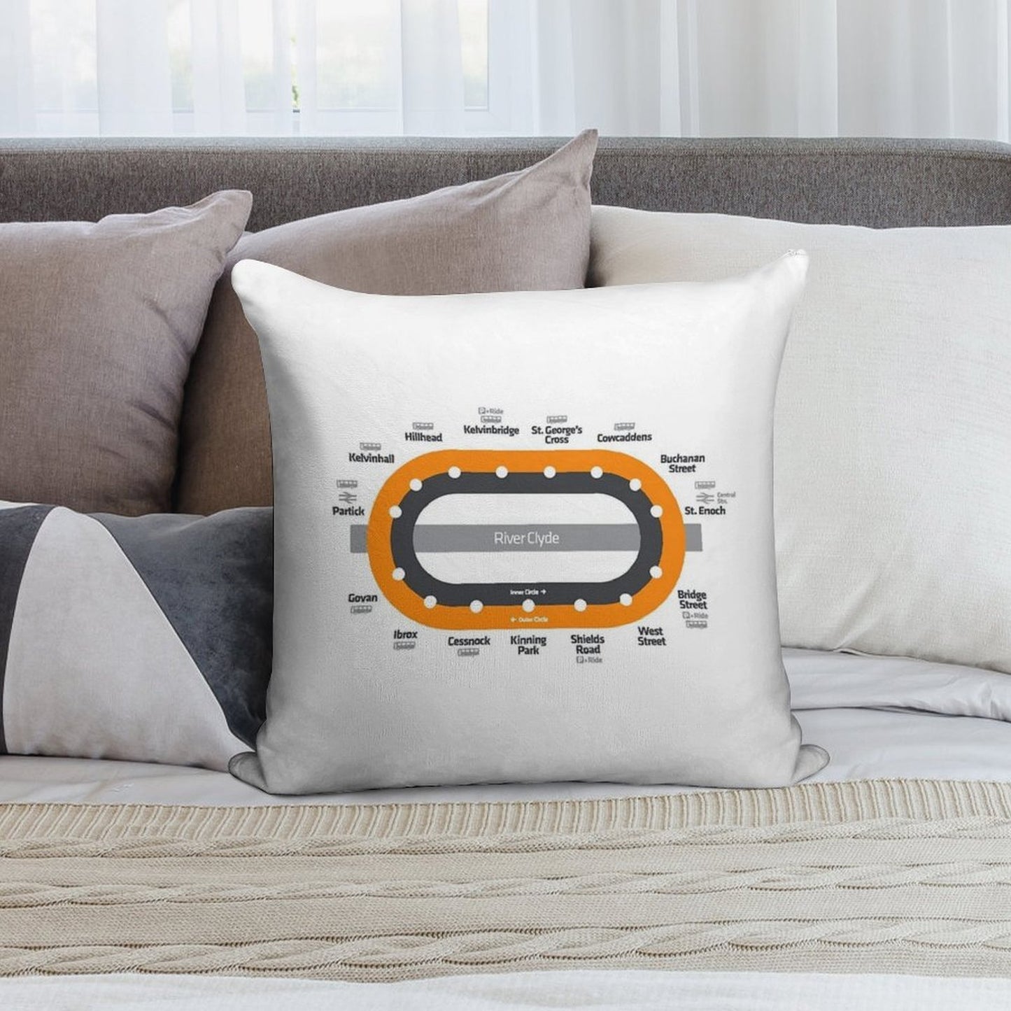 Glasgow Scotland Tube Metro Subway Train Map Soft Hidden Zipper Throw Pillow