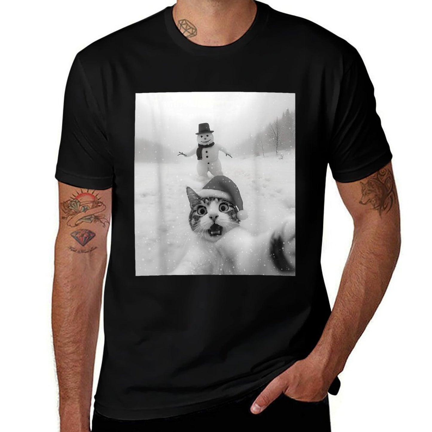 Funny Cat Selfie Snowman Merry Christmas Xmas Pajama Holiday  Ribbed Collar T-Shirt