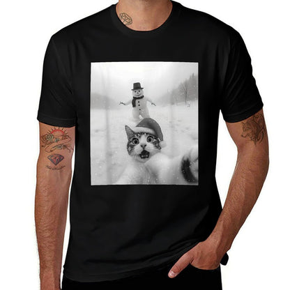 Funny Cat Selfie Snowman Merry Christmas Xmas Pajama Holiday  Ribbed Collar T-Shirt