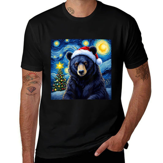 Christmas Black Bear Santa Hat Van Gogh Starry Night Holiday  Rolled Sleeves T-Shirt